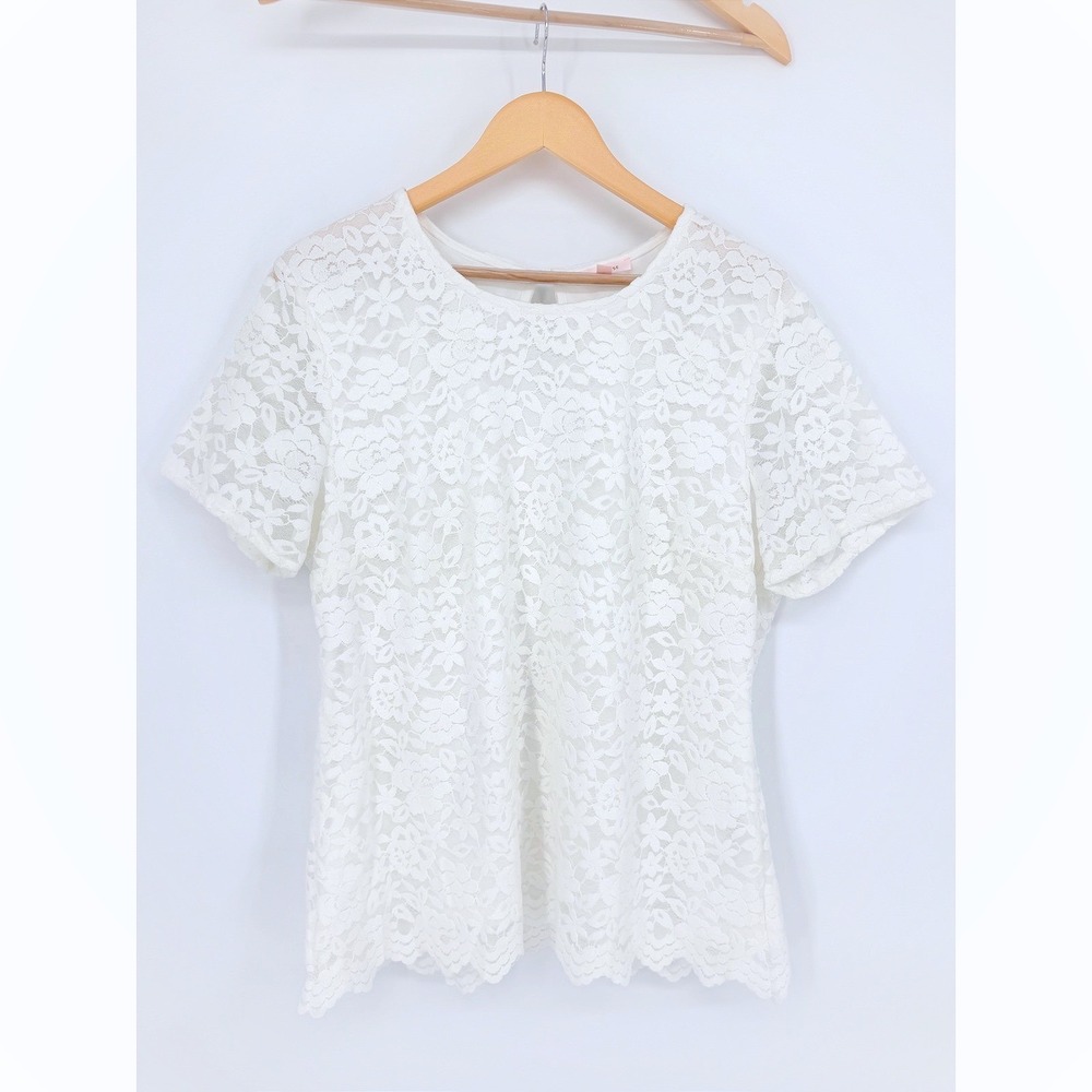 Teddi Rose Lace Top XL White Floral Short Sleeve Keyhole‎ Coquette Romantic